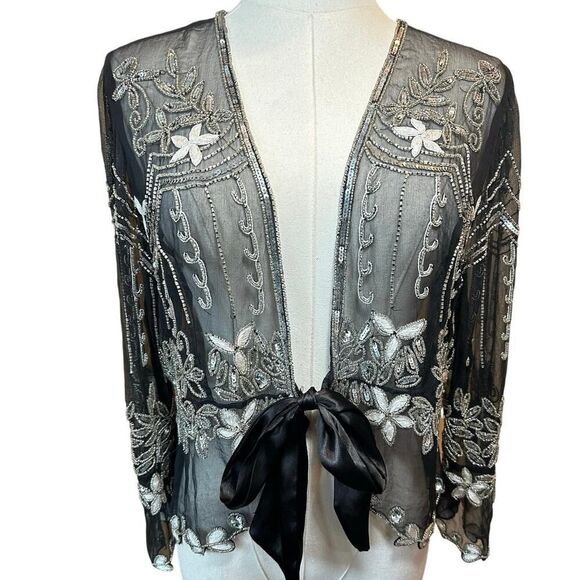 Papell Boutique Evening Jacket Women’s Small Silk Beaded Sheer Embroidered Fairy - Picture 3 of 13